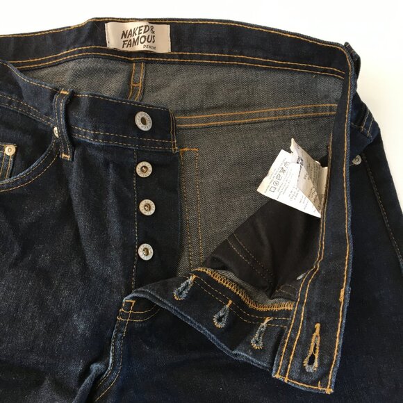 Naked & Famous Weird Guy Deep Indigo Stretch Selvedge Button Fly Jeans 33 - Picture 3 of 10